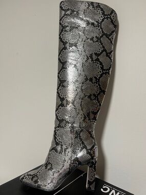 Jessica Simpson Chrome and Black Snake-Print Over-the-Knee Boots